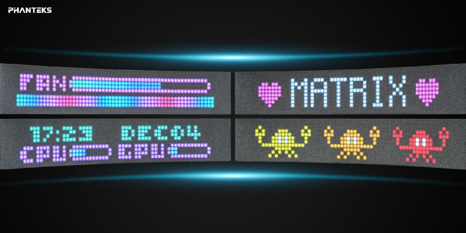 Nahaufnahme des Matrix Displays, das Echtzeit-CPU- und GPU-Temperaturen anzeigt.