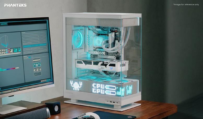 Detailaufnahme der Matrix-Anzeige hinter dem Stoff des XT View Matrix Gehäuses, zeigt Systemstatistiken.