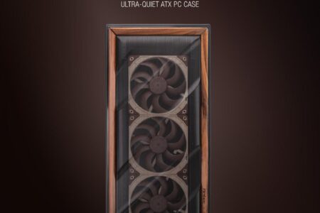 Frontalansicht des Antec Flux Pro Noctua Edition PC-Gehäuses mit den markanten braunen Noctua-Lüftern hinter der Mesh-Front.