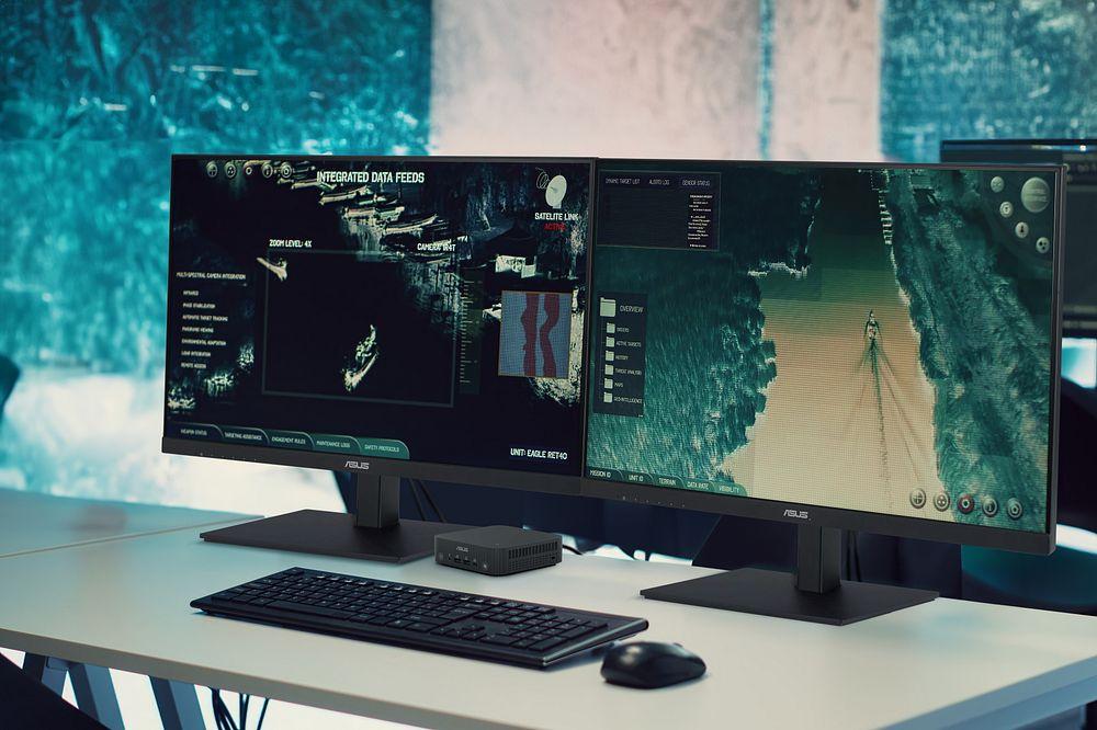 Draufsicht auf das Aluminiumgehäuse des ASUS ExpertCenter PN55, das die Oberflächenstruktur zeigt.