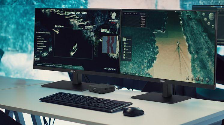 Nahaufnahme der Vorderseite des ExpertCenter PN55 mit USB-Anschlüssen und Fingerabdrucksensor.