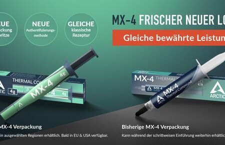 Eine geöffnete Packung der ARCTIC MX-4 Wärmeleitpaste mit der neuen Spritze, bereit zur Anwendung auf einem Prozessor.