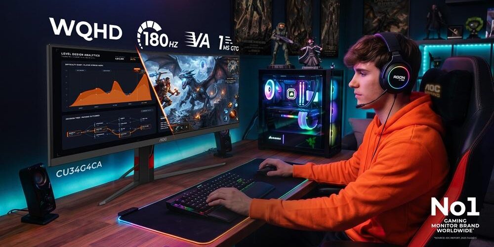 Nahaufnahme des AOC CU34G4ZCA Monitors, der einen lebhaften Renntitel auf dem gekrümmten Ultrawide-Bildschirm zeigt, um die immersive Bildqualität zu demonstrieren.