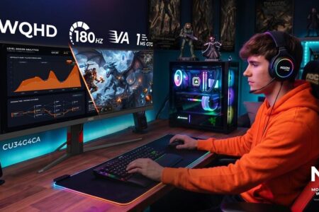 Nahaufnahme des AOC CU34G4ZCA Monitors, der einen lebhaften Renntitel auf dem gekrümmten Ultrawide-Bildschirm zeigt, um die immersive Bildqualität zu demonstrieren.