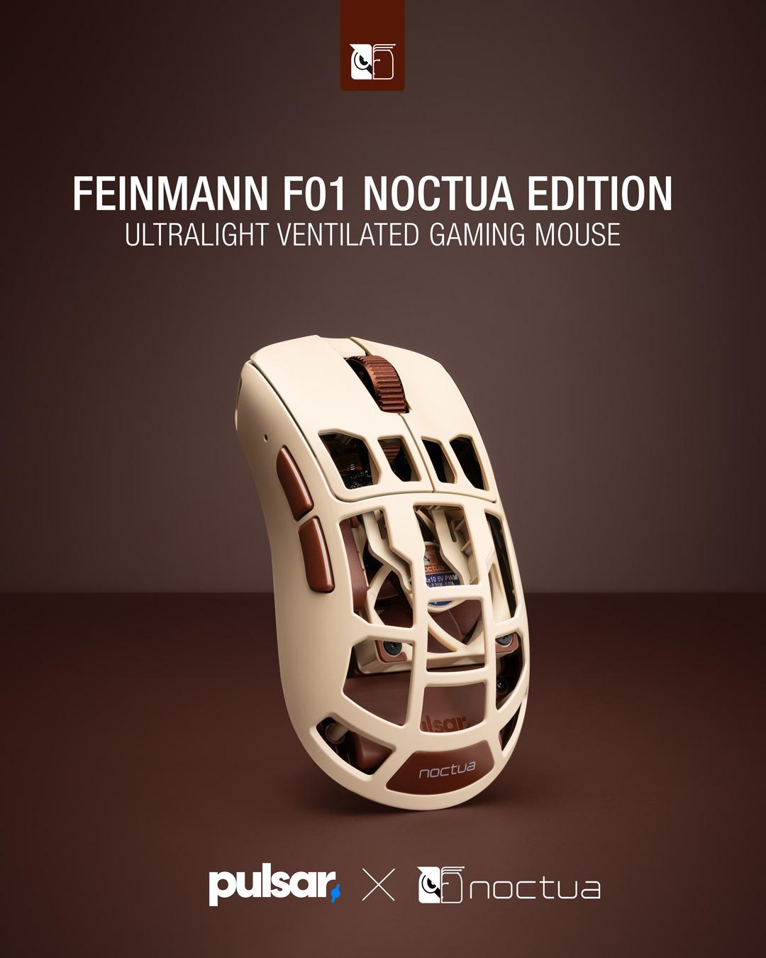 Die Pulsar Feinmann F01 Noctua Edition Gaming-Maus mit integriertem Noctua NF-A4x10 Lüfter zur aktiven Handflächenbelüftung.