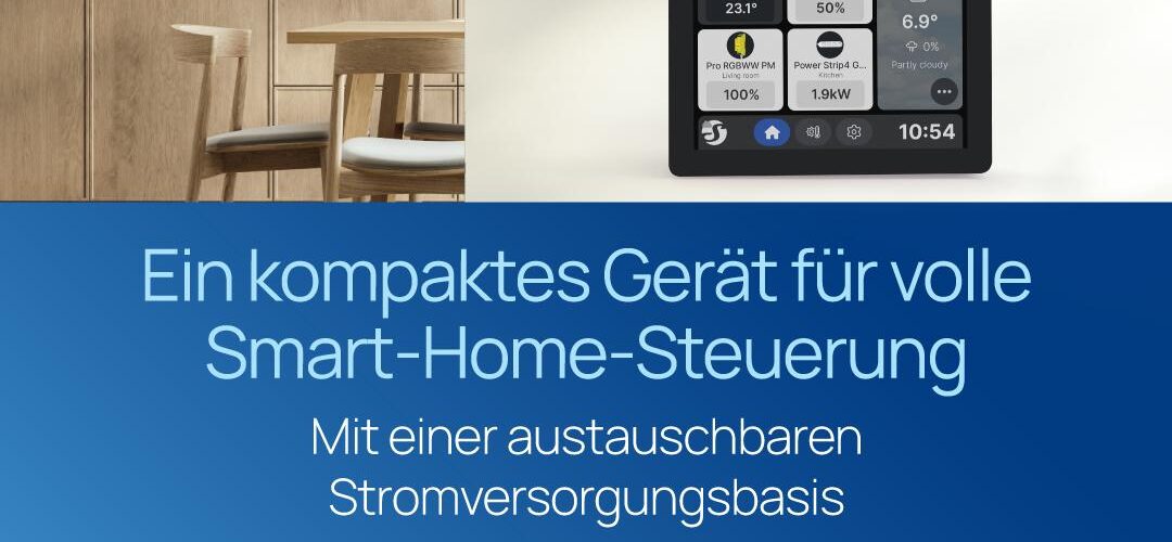 Das Shelly Wall Display X1i zeigt seine Benutzeroberfläche mit verschiedenen Steuerungswidgets für Smart-Home-Geräte.