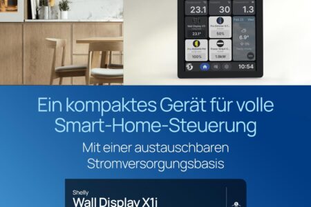Das Shelly Wall Display X1i zeigt seine Benutzeroberfläche mit verschiedenen Steuerungswidgets für Smart-Home-Geräte.