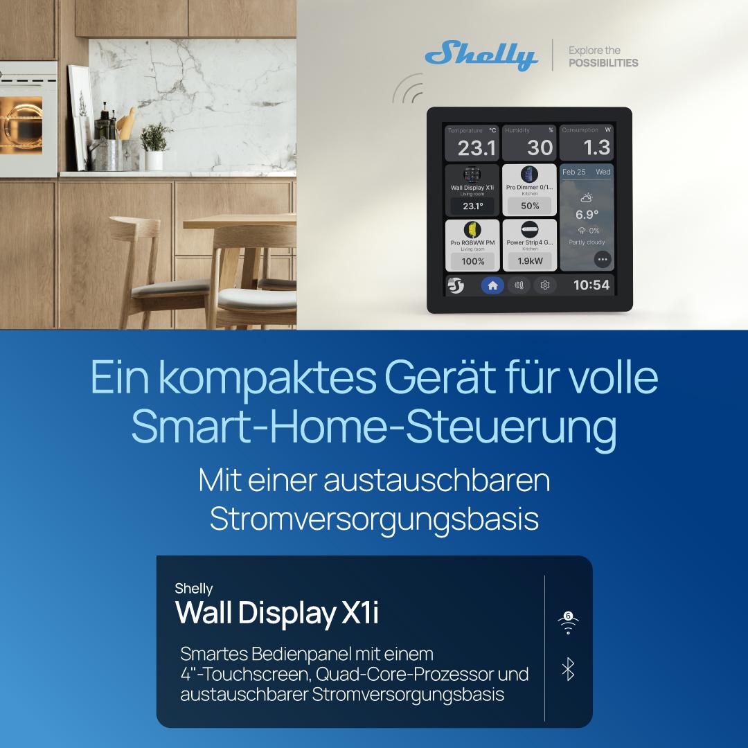 Das Shelly Wall Display X1i zeigt seine Benutzeroberfläche mit verschiedenen Steuerungswidgets für Smart-Home-Geräte.