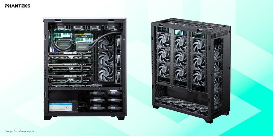 Eine Innenansicht eines Phanteks Enthoo Server Gehäuses, die die Unterstützung für Server-Hardware und umfangreiche Kühlmöglichkeiten zeigt.